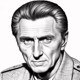 a black and white drawing of a man in suit