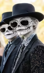 two skeleton like skeletons, in black hats and glasses, standing next to each other