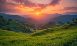 sunset in a rolling valley with mountains visible