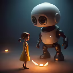 the little girl is looking at an robot that appears to be standing in front of the little boy