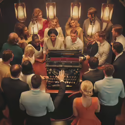 an image of a group of people standing around a table