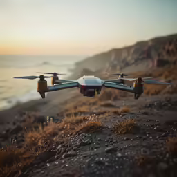 a black and white remote control quadderder flying over water