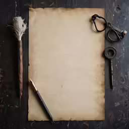 a blank parchment piece with writing equipment surrounding it