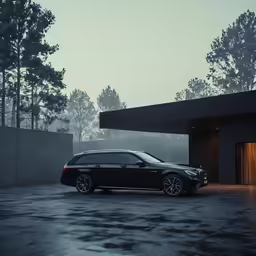 a black car is parked in front of the entrance of a building