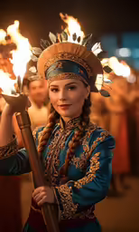 a woman in traditional clothing with flames in her hand