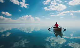a man sits in a rowboat on the water