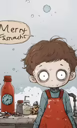 the little boy is standing in front of a counter