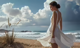a girl in a dress stands on the beach looking at the ocean