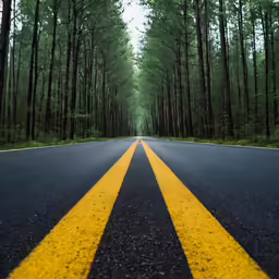 yellow painted lines in the road going into the forest