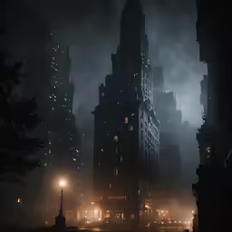 a foggy dark street with buildings in the distance