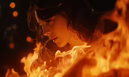woman observing fire in outdoor area near wall