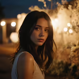 a beautiful young woman standing by a fence at night
