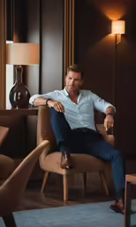 a man is sitting in an armchair, posed for a picture