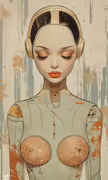 a robot with large breast and headphones stands