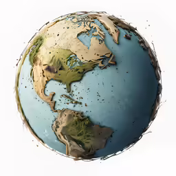 a painting of a blue earth with land and oceans