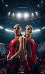 the two women are posing with their tennis rackets