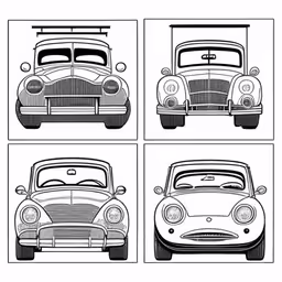the front and back views of a vintage car, including one white and black image,four different types of old cars in black and white