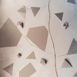 some wires and a gray wall with shapes