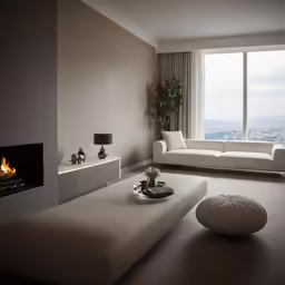 a modern living room with a fireplace and white furnishings