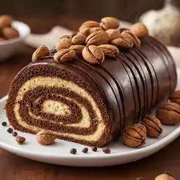 a chocolate roll with walnuts is displayed on a plate