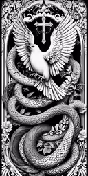 a white dove on top of a snake,a drawing of a bird and a snake