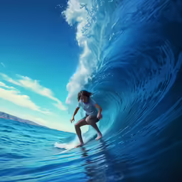a girl surfing on a wave with a blue sky