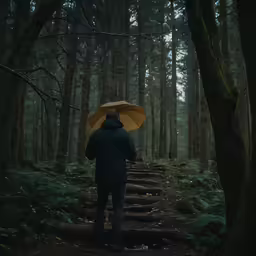 a man holding an umbrella standing on a trail