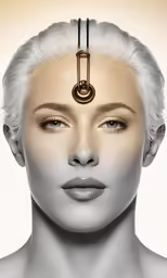 a woman with white hair and an electronic headpiece