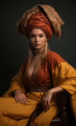 an attractive woman wearing a turban sitting in a chair