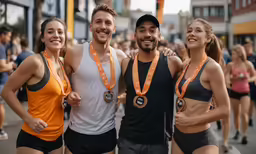 three smiling runners pose for the camera in front of a crowd