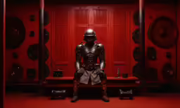 a man sitting in a room with speakers