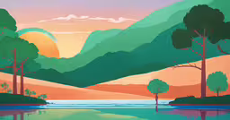 this is a scenic landscape of trees and water,the painting depicts a beautiful scene in pastels