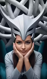 a young woman in a silver helmet sits with her hands on her face