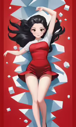 the girl is posing against a red background with shattered objects
