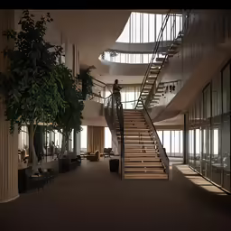 a view of a staircase that is in front of windows