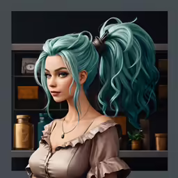 a woman with turquoise hair wearing a dress and pearls