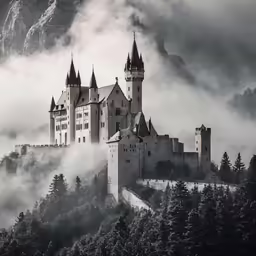 an old castle on top of a mountain in the fog
