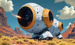 a rocket type device is in the desert with mountains in the background