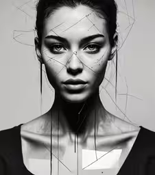 a girl is shown with a face made up of lines and strings,a woman