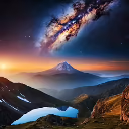 a night sky view of a large mountain with the milky above