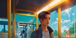 the girl looks out the window of a bus,a man standing in the doorway to an empty bus