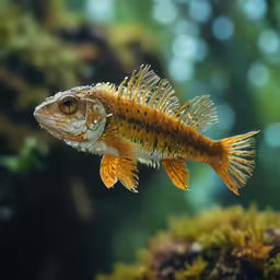 a fish is swimming near some plants and rocks