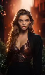 woman with long hair and brown eyes in a suit in city