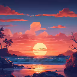 a sunset on the beach with a very large orange sun,an image of a sunset in the beach