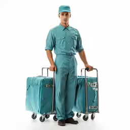 the man stands next to two pieces of luggage