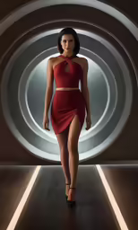 a woman walking down a runway in a red dress