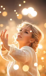the woman is holding her hands in the air