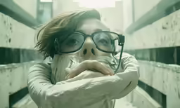 a person with eye glasses holding their face in front of their face