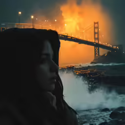 a woman standing in front of a bridge near the ocean