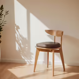 a simple chair against a wall near a large plant
